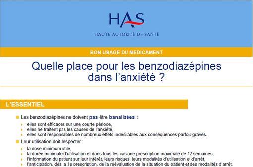 La Haute Autorité de Santé vient de publier une fiche de bon usage des benzodiazépines lorsqu'elles sont prescrites en cas d'anxiété (illustration). 